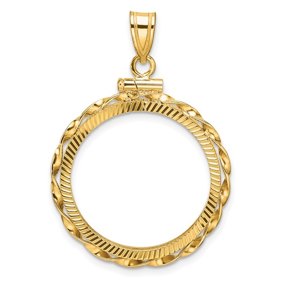 Wideband Distinguished Coin Jewelry 14k Polished Hand Twisted Ribbon and Diamond-cut 22.0mm x 1.9mm Screw Top Coin Bezel Pendant