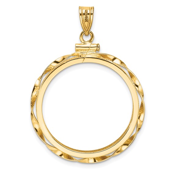 Wideband Distinguished Coin Jewelry 14k Polished Hand Twisted Ribbon and Diamond-cut 25.0mm x 2.35mm Screw Top Coin Bezel Pendant