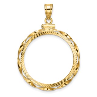 Wideband Distinguished Coin Jewelry 14k Polished Hand Twisted Ribbon and Diamond-cut 25.0mm x 2.35mm Screw Top Coin Bezel Pendant