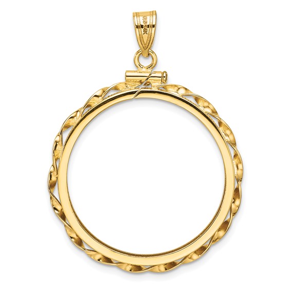 Wideband Distinguished Coin Jewelry 14k Polished Hand Twisted Ribbon and Diamond-cut 27.0mm x 2.35mm Screw Top Coin Bezel Pendant