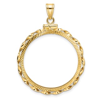 Wideband Distinguished Coin Jewelry 14k Polished Hand Twisted Ribbon and Diamond-cut 27.0mm x 2.35mm Screw Top Coin Bezel Pendant