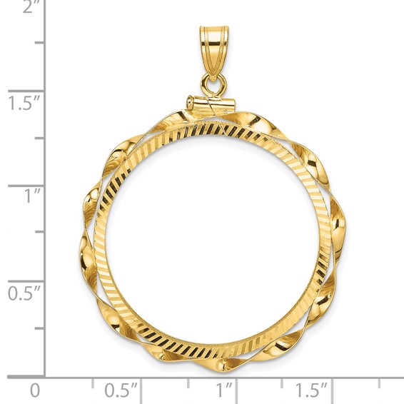 Wideband Distinguished Coin Jewelry 14k Polished Hand Twisted Ribbon and Diamond-cut 30.0mm x 3.00mm Screw Top Coin Bezel Pendant