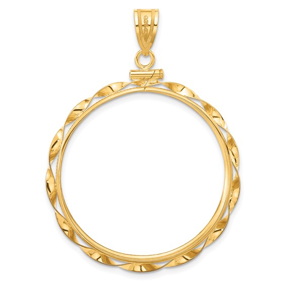 Wideband Distinguished Coin Jewelry 14k Polished Hand Twisted Ribbon and Diamond-cut 32.7mm x 3.00mm Screw Top Coin Bezel Pendant