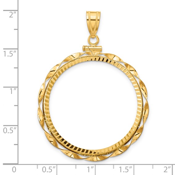 Wideband Distinguished Coin Jewelry 14k Polished Hand Twisted Ribbon and Diamond-cut 32.7mm x 3.00mm Screw Top Coin Bezel Pendant