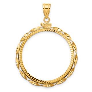 Wideband Distinguished Coin Jewelry 14k Polished Hand Twisted Ribbon and Diamond-cut 32.7mm x 3.00mm Screw Top Coin Bezel Pendant