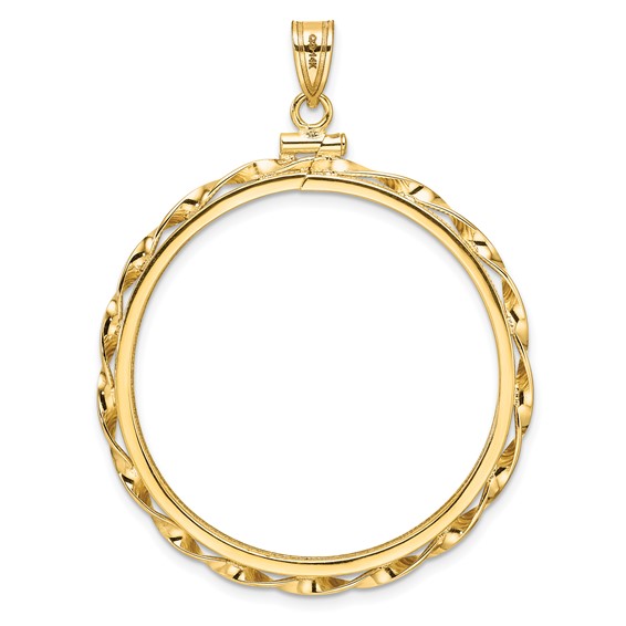 Wideband Distinguished Coin Jewelry 14k Polished Hand Twisted Ribbon and Diamond-cut 34.2mm x 2.85mm Screw Top Coin Bezel Pendant