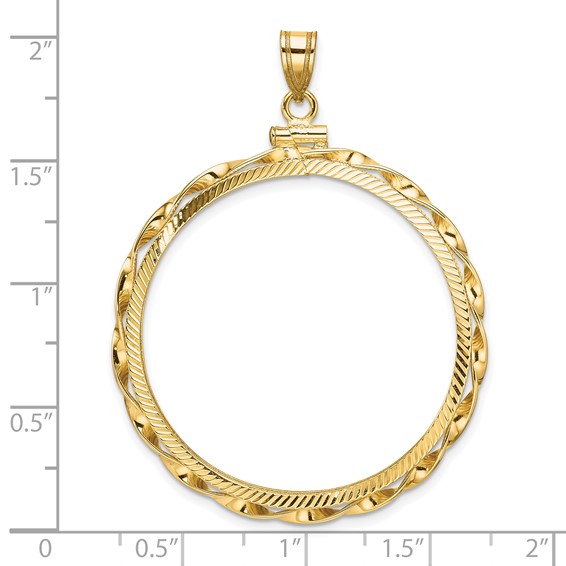 Wideband Distinguished Coin Jewelry 14k Polished Hand Twisted Ribbon and Diamond-cut 34.2mm x 2.85mm Screw Top Coin Bezel Pendant