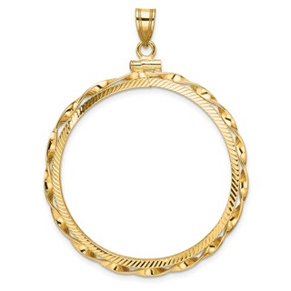 Wideband Distinguished Coin Jewelry 14k Polished Hand Twisted Ribbon and Diamond-cut 34.2mm x 2.85mm Screw Top Coin Bezel Pendant