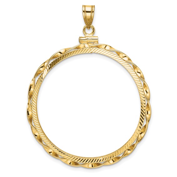 Wideband Distinguished Coin Jewelry 14k Polished Hand Twisted Ribbon and Diamond-cut 34.2mm x 2.85mm Screw Top Coin Bezel Pendant