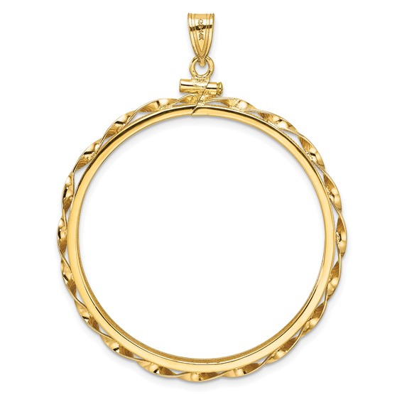 Wideband Distinguished Coin Jewelry 14k Polished Hand Twisted Ribbon and Diamond-cut 37.0mm x 2.85mm Screw Top Coin Bezel Pendant