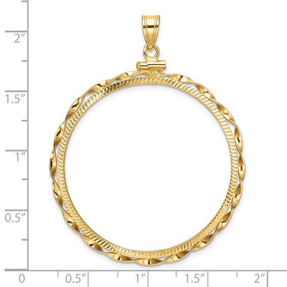 Wideband Distinguished Coin Jewelry 14k Polished Hand Twisted Ribbon and Diamond-cut 37.0mm x 2.85mm Screw Top Coin Bezel Pendant