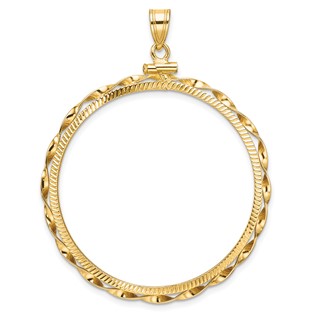 Wideband Distinguished Coin Jewelry 14k Polished Hand Twisted Ribbon and Diamond-cut 37.0mm x 2.85mm Screw Top Coin Bezel Pendant
