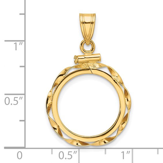 Wideband Distinguished Coin Jewelry 10k Polished Hand Twisted Ribbon 16.5mm x 1.35mm Screw Top Coin Bezel Pendant