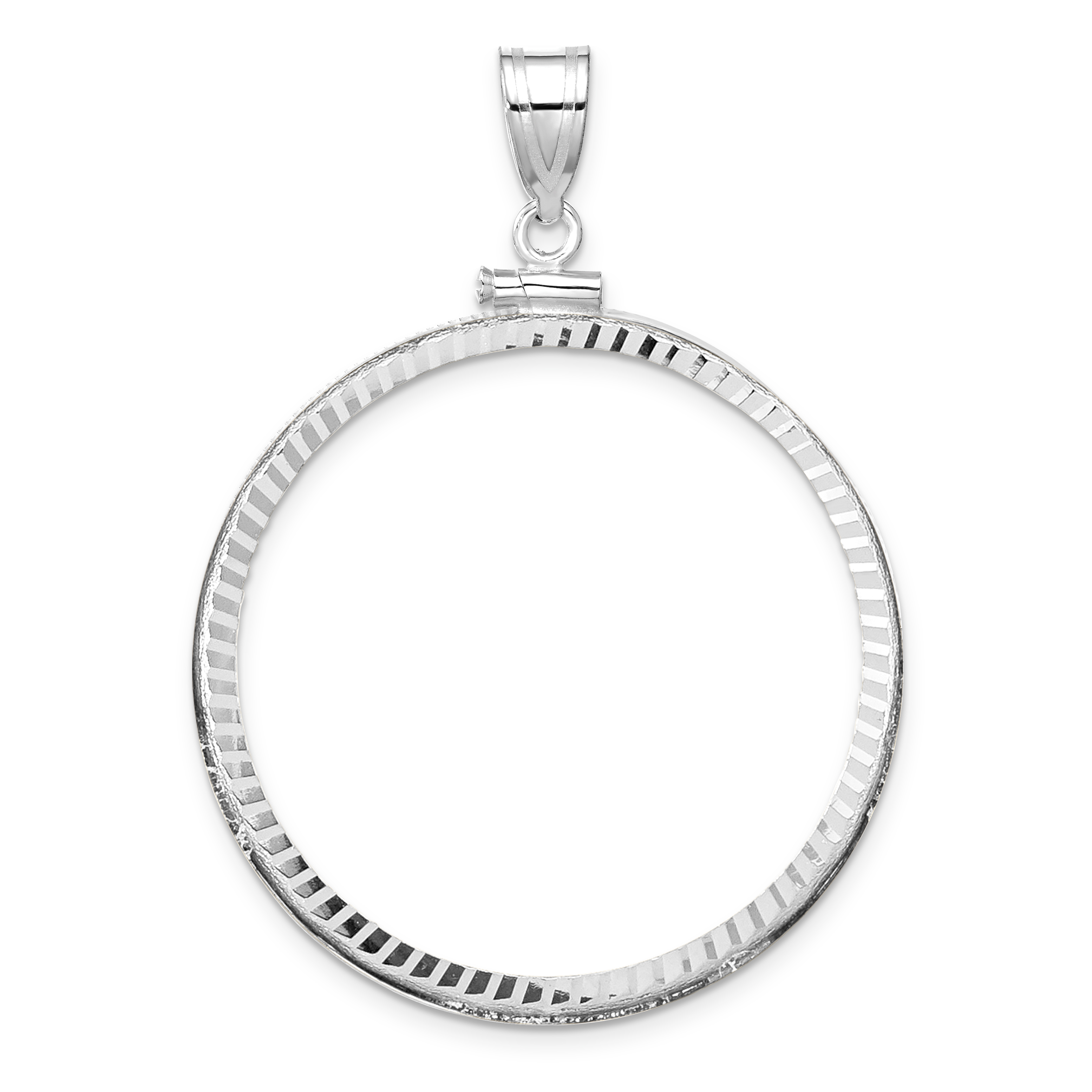 Wideband Distinguished Coin Jewelry 14k White Gold Polished and Diamond-cut 34.2mm x 2.85mm Screw Top Coin Bezel Pendant (C2677W/34.2)