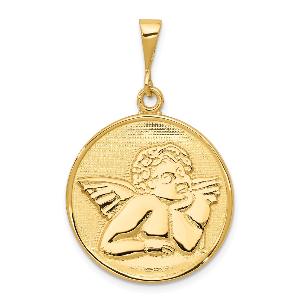 14K Yellow Gold Polished and Satin Angel Round Pendant