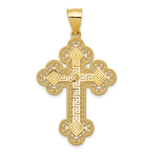 14K Yellow Gold Budded Greek Key Cross Pendant