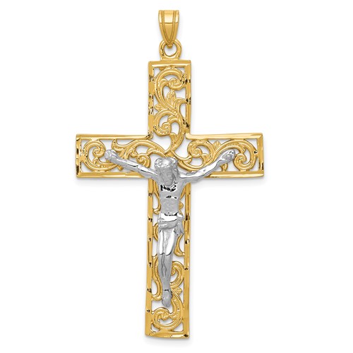 14K Two-tone Diamond-cut Filigree Crucifix Pendant