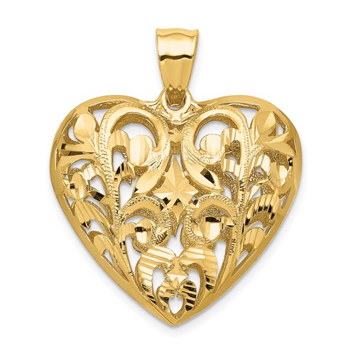14K Yellow Gold Polished Diamond-cut Filigree 3-D Heart Pendant