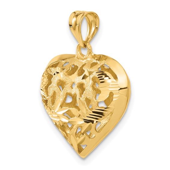 14k Polished Diamond-cut Fancy 3-D Heart Charm