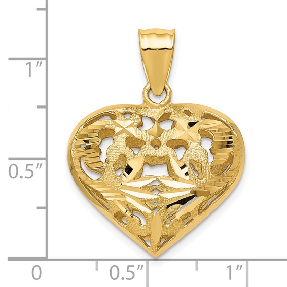 14k Polished Diamond-cut Fancy 3-D Heart Charm
