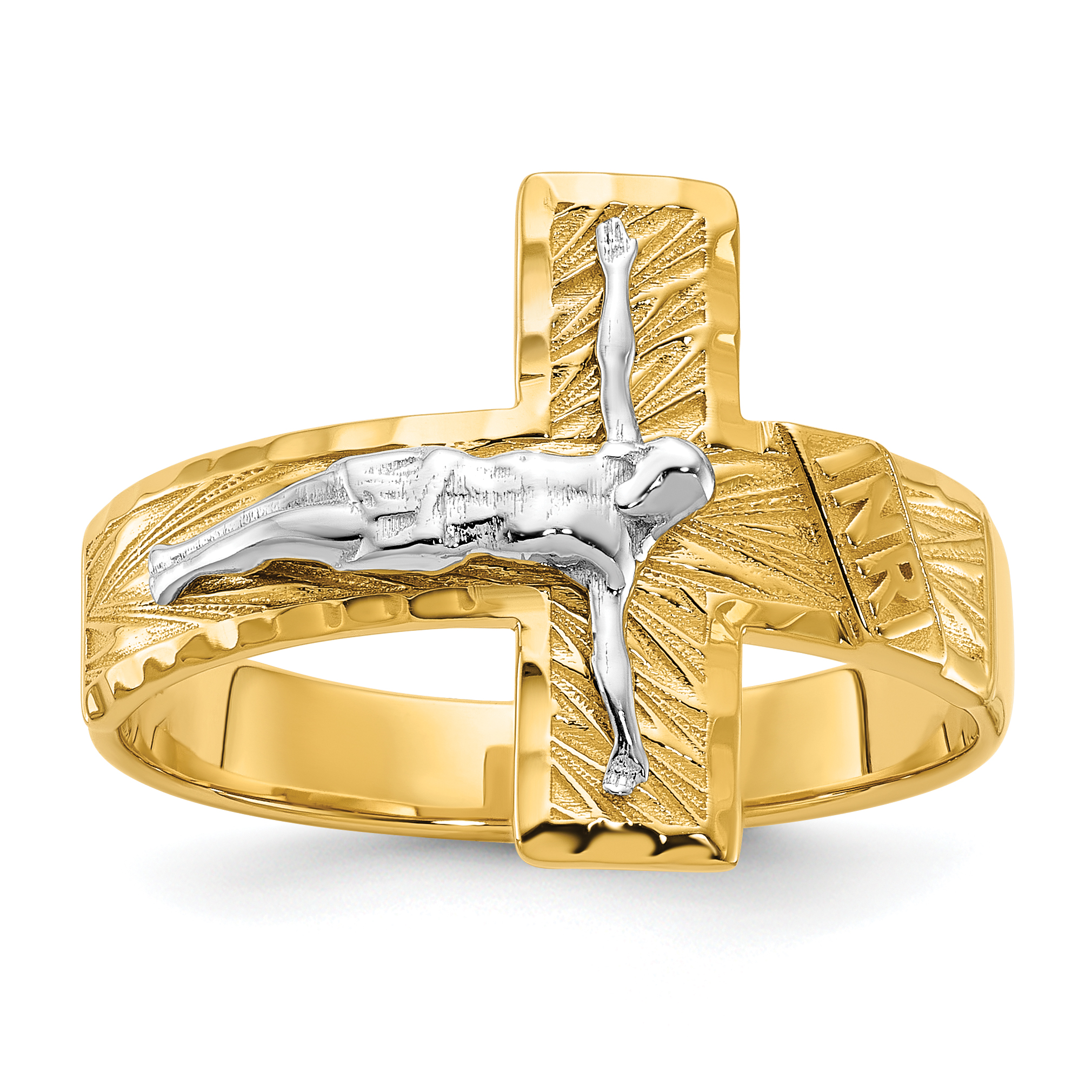 14k Two-tone Polished & Diamond-Cut Mens Crucifix Ring (C2118)