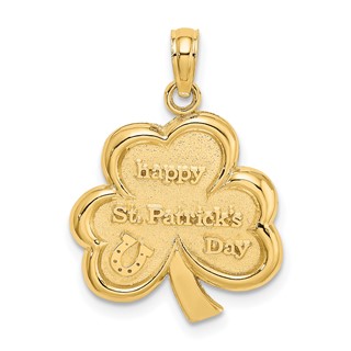 14k Polished Solid Satin Happy St. Patricks Day Clover Charm