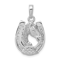 14K White Gold Solid Polished Horse Head in Horseshoe Pendant view 1