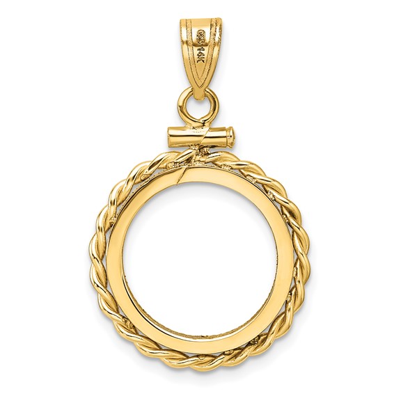 Wideband Distinguished Coin Jewelry 14k Polished Twisted Wire and Diamond-cut 16.0mm x 1.35mm Screw Top Coin Bezel Pendant