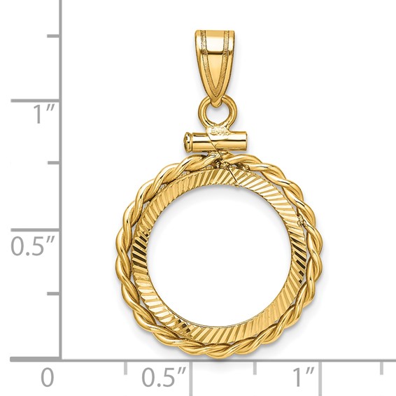 Wideband Distinguished Coin Jewelry 14k Polished Twisted Wire and Diamond-cut 16.0mm x 1.35mm Screw Top Coin Bezel Pendant