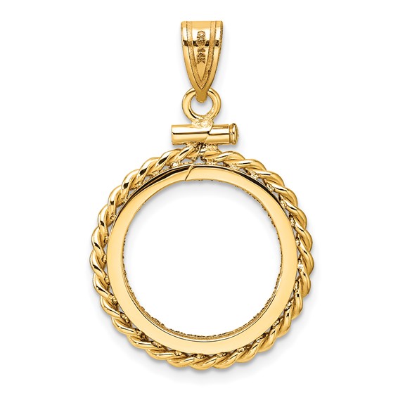 Wideband Distinguished Coin Jewelry 14k Polished Twisted Wire and Diamond-cut 16.5mm x 1.35mm Screw Top Coin Bezel Pendant