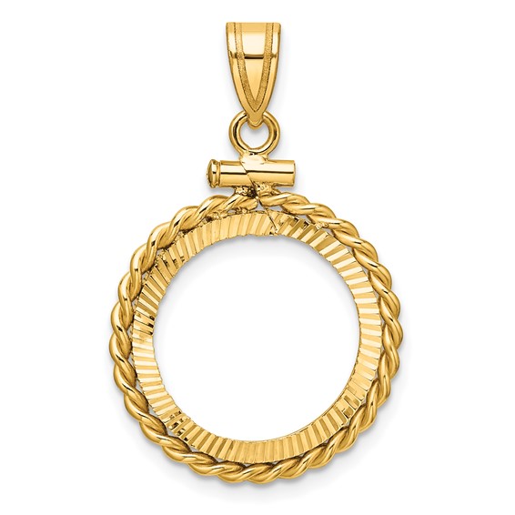 Wideband Distinguished Coin Jewelry 14k Polished Twisted Wire and Diamond-cut 16.5mm x 1.35mm Screw Top Coin Bezel Pendant