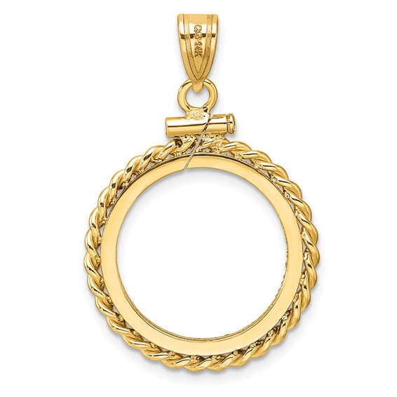 Wideband Distinguished Coin Jewelry 14k Polished Twisted Wire and Diamond-cut 17.8mm x 1.35mm Screw Top Coin Bezel Pendant