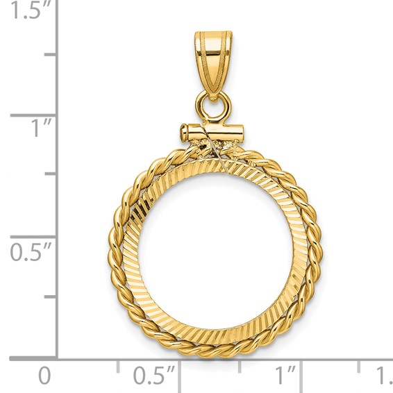 Wideband Distinguished Coin Jewelry 14k Polished Twisted Wire and Diamond-cut 17.8mm x 1.35mm Screw Top Coin Bezel Pendant
