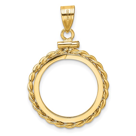 Wideband Distinguished Coin Jewelry 14k Polished Twisted Wire and Diamond-cut 18.0mm x 1.35mm Screw Top Coin Bezel Pendant