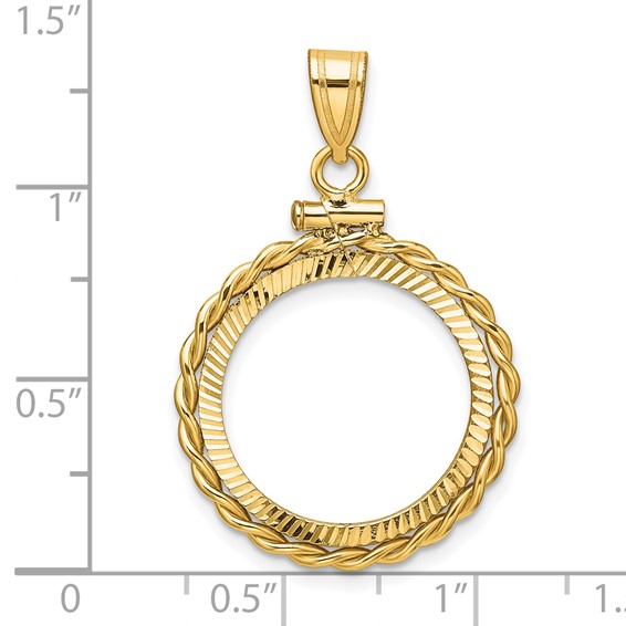 Wideband Distinguished Coin Jewelry 14k Polished Twisted Wire and Diamond-cut 18.0mm x 1.35mm Screw Top Coin Bezel Pendant