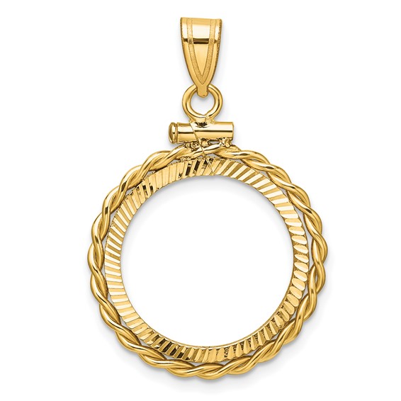 Wideband Distinguished Coin Jewelry 14k Polished Twisted Wire and Diamond-cut 18.0mm x 1.35mm Screw Top Coin Bezel Pendant