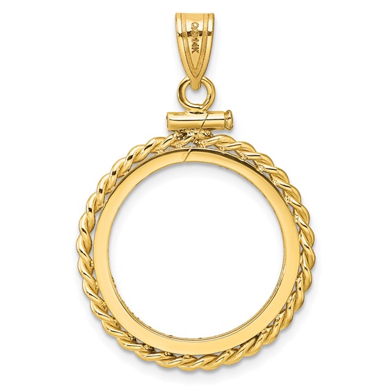 Wideband Distinguished Coin Jewelry 14k Polished Twisted Wire and Diamond-cut 19.0mm x 1.1mm Screw Top Coin Bezel Pendant