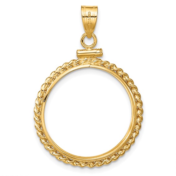 Wideband Distinguished Coin Jewelry 14k Polished Twisted Wire and Diamond-cut 20.2mm x 2.1mm Screw Top Coin Bezel Pendant
