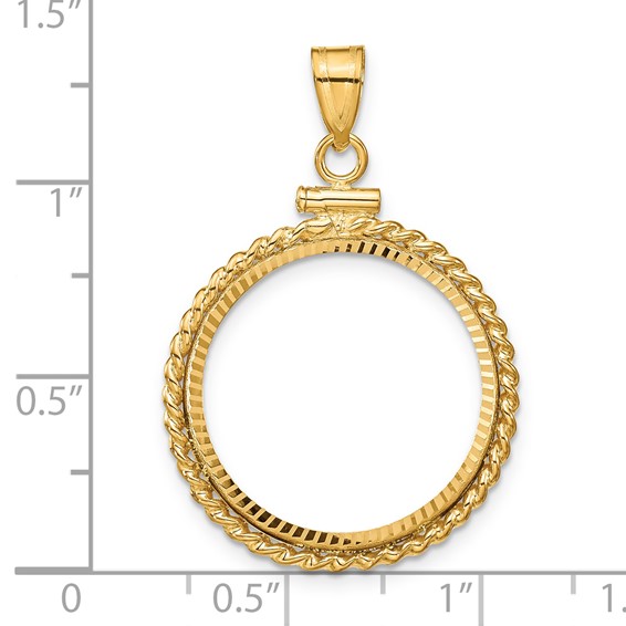 Wideband Distinguished Coin Jewelry 14k Polished Twisted Wire and Diamond-cut 20.2mm x 2.1mm Screw Top Coin Bezel Pendant