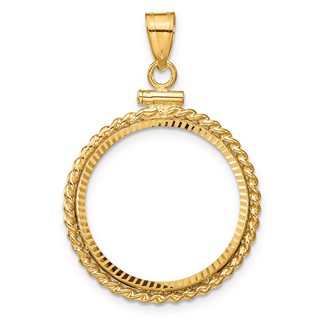 Wideband Distinguished Coin Jewelry 14k Polished Twisted Wire and Diamond-cut 20.2mm x 2.1mm Screw Top Coin Bezel Pendant