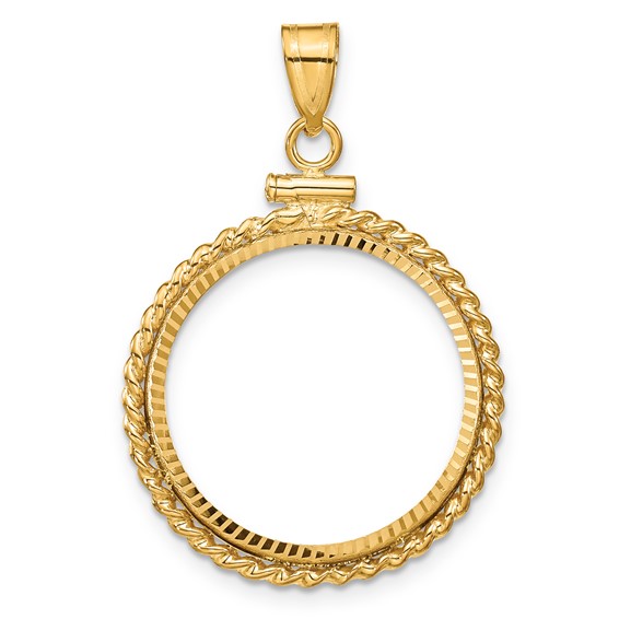 Wideband Distinguished Coin Jewelry 14k Polished Twisted Wire and Diamond-cut 20.2mm x 2.1mm Screw Top Coin Bezel Pendant