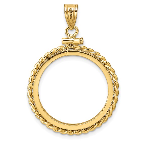 Wideband Distinguished Coin Jewelry 14k Polished Twisted Wire and Diamond-cut 21.6mm x 1.7mm Screw Top Coin Bezel Pendant