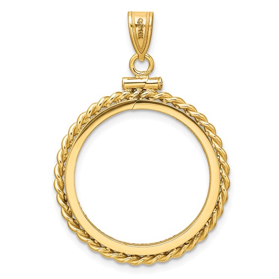 Wideband Distinguished Coin Jewelry 14k Polished Twisted Wire and Diamond-cut 22.0mm x 1.9mm Screw Top Coin Bezel Pendant