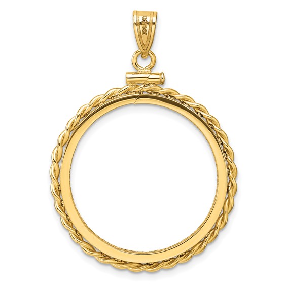 Wideband Distinguished Coin Jewelry 14k Polished Twisted Wire and Diamond-cut 25.0mm x 2.35mm Screw Top Coin Bezel Pendant