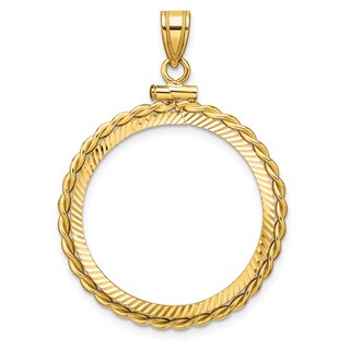 Wideband Distinguished Coin Jewelry 14k Polished Twisted Wire and Diamond-cut 25.0mm x 2.35mm Screw Top Coin Bezel Pendant