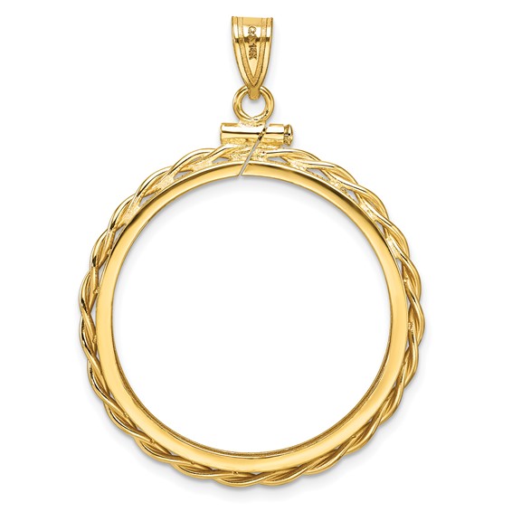 Wideband Distinguished Coin Jewelry 14k Polished Twisted Wire and Diamond-cut 27.0mm x 2.35mm Screw Top Coin Bezel Pendant