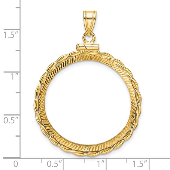 Wideband Distinguished Coin Jewelry 14k Polished Twisted Wire and Diamond-cut 27.0mm x 2.35mm Screw Top Coin Bezel Pendant