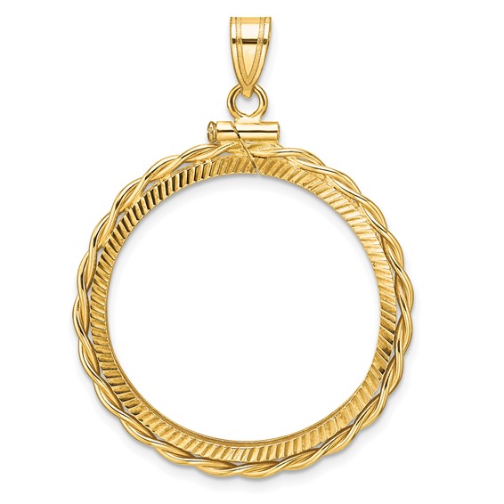 Wideband Distinguished Coin Jewelry 14k Polished Twisted Wire and Diamond-cut 27.0mm x 2.35mm Screw Top Coin Bezel Pendant