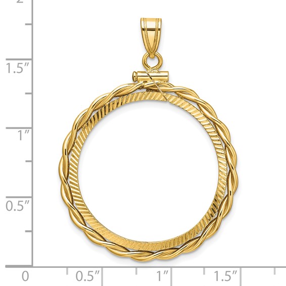 Wideband Distinguished Coin Jewelry 14k Polished Twisted Wire and Diamond-cut 27.5mm x 2.1mm Screw Top Coin Bezel Pendant