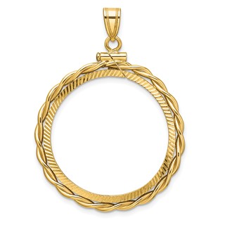 Wideband Distinguished Coin Jewelry 14k Polished Twisted Wire and Diamond-cut 27.5mm x 2.1mm Screw Top Coin Bezel Pendant